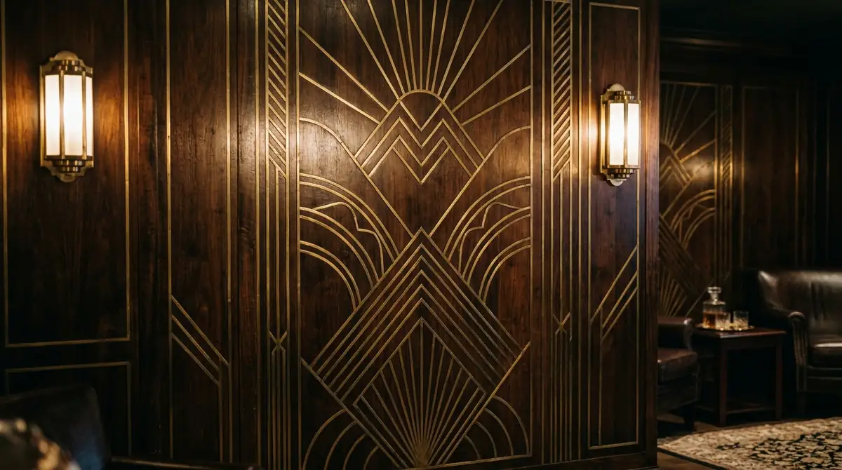 Dark wooden wall with brass Art Deco inlays