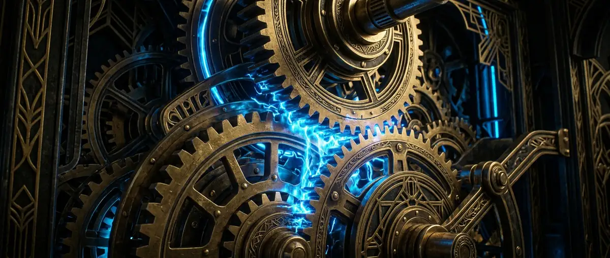 Intricate interlocking brass cogs and gears