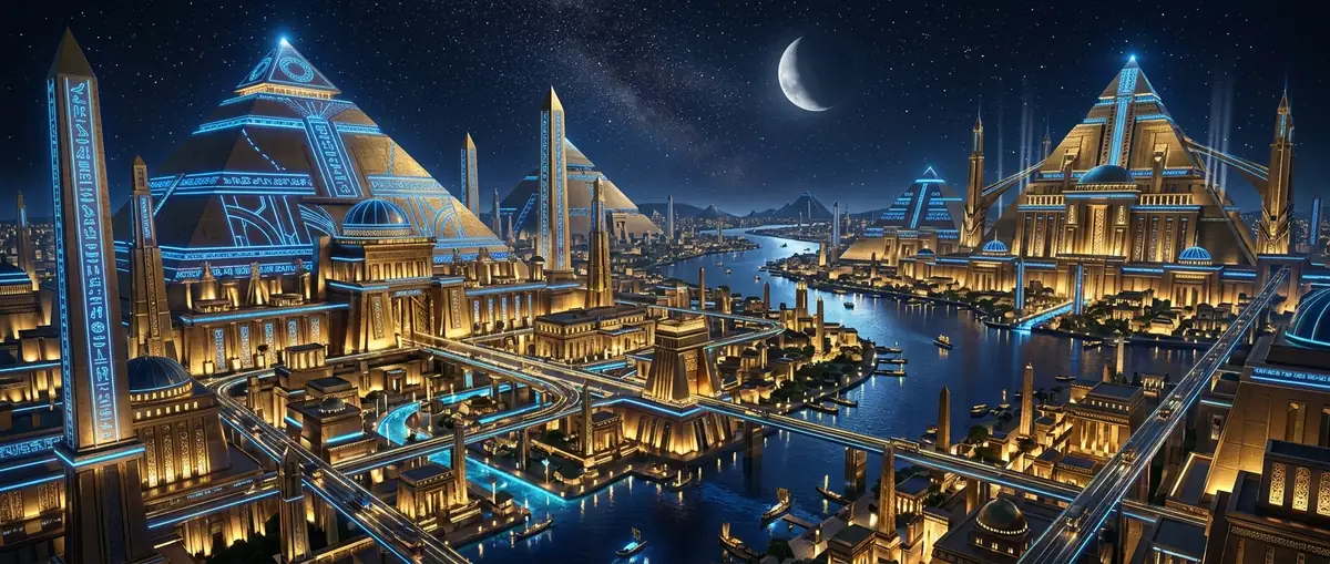 Sweeping view of a mechanical pyramid with glowing blue energy